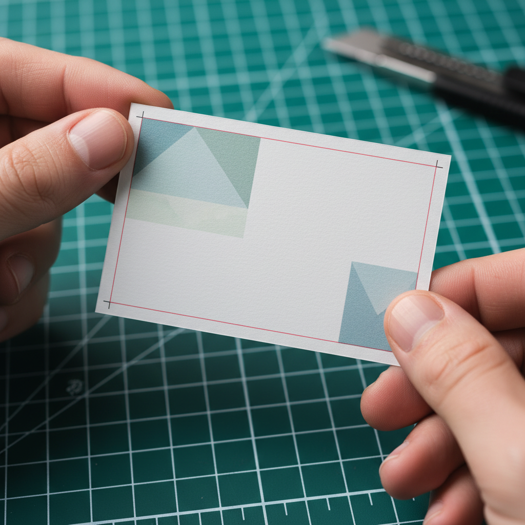 Macro close-up of a proofed business card showing clean edges, paper texture, crop marks and bleed, illustrating business card proofing best practices