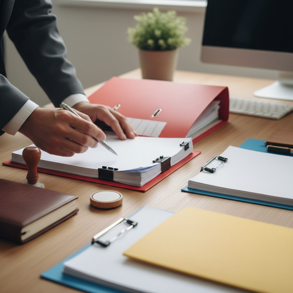 Close-up of incorporation paperwork and color-coded folders for a business incorporation checklist in Canada