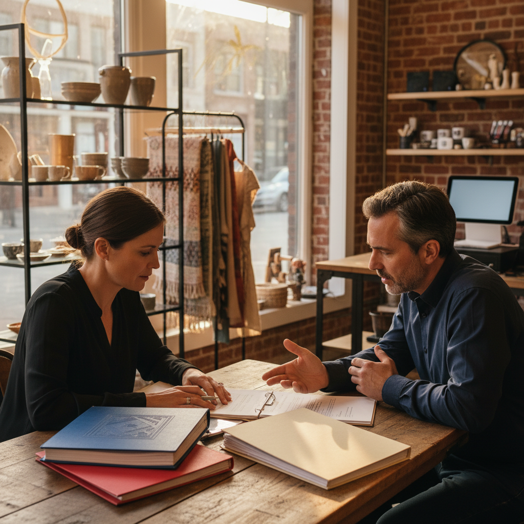 Advisor and Toronto small business owner reviewing permits and licensing binders during incorporation setup