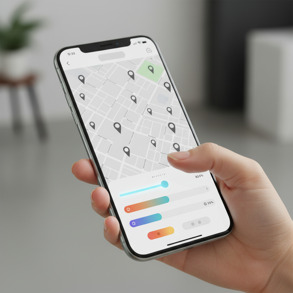 Close-up of a smartphone showing real estate filters and map pins for a fast Brampton property search