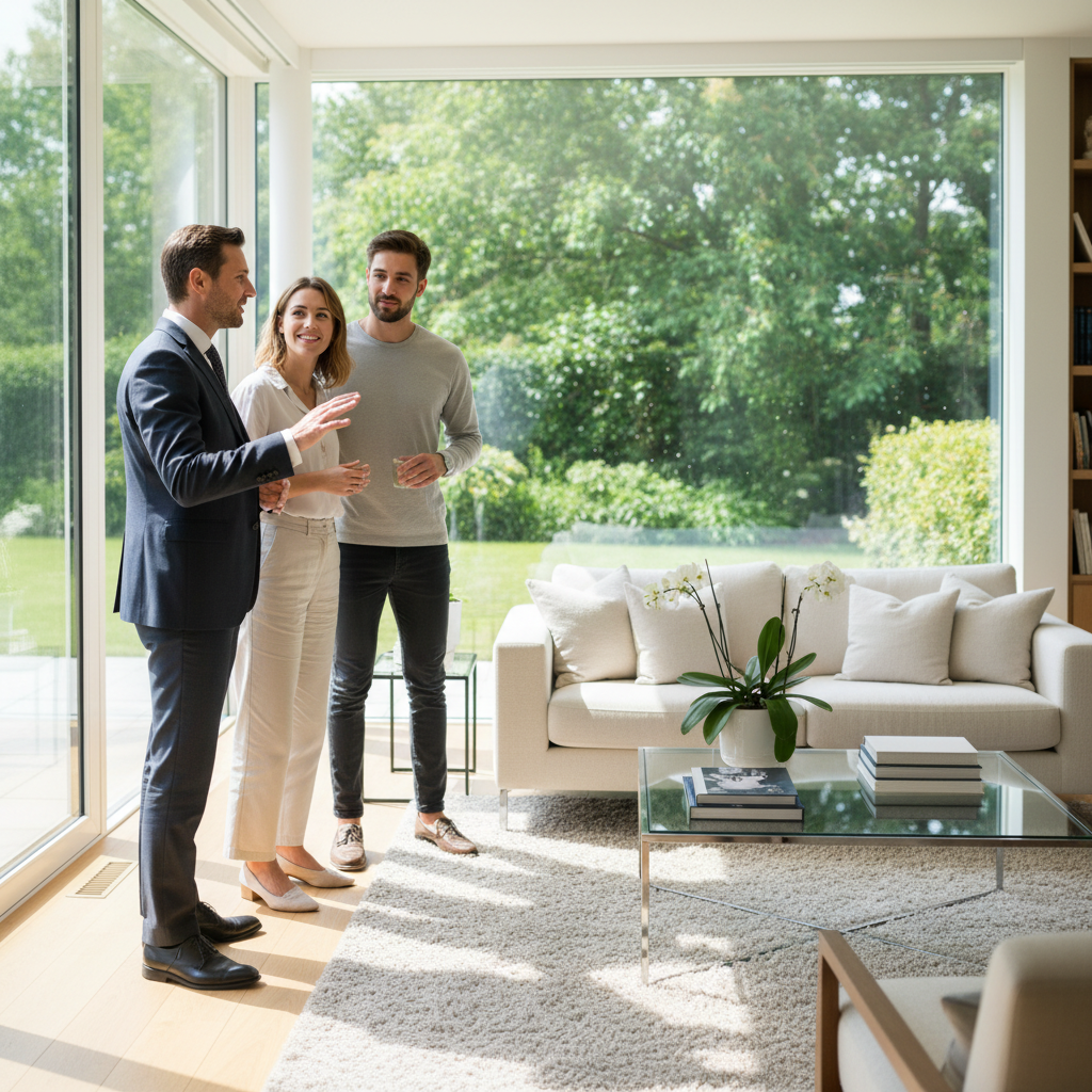 Realtor guiding busy buyers through a bright staged living room during a fast Brampton home tour