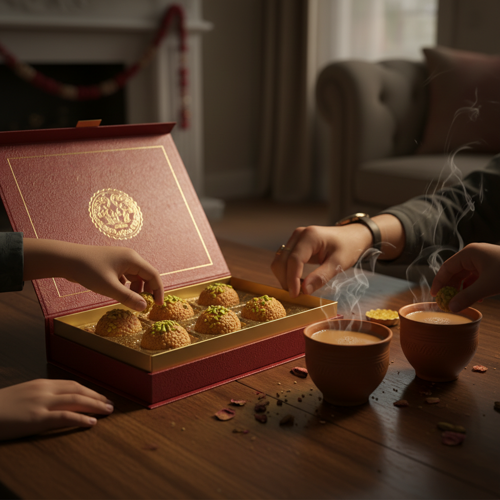 Premium mithai gift box with panjiri ladoo topped with pistachios beside two cups of chai, ready for gifting or events