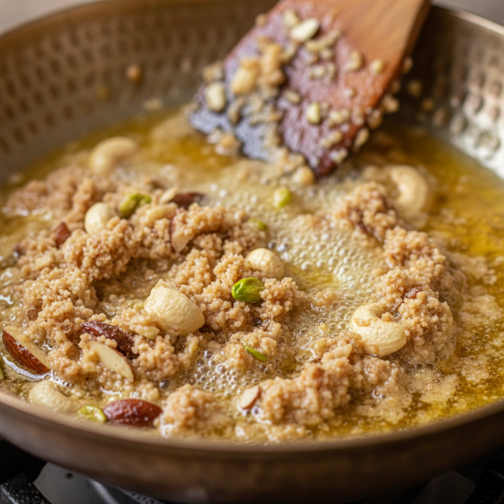 Panjiri ladoo roasting process: close-up of atta and nuts toasting in desi ghee with golden texture and sheen