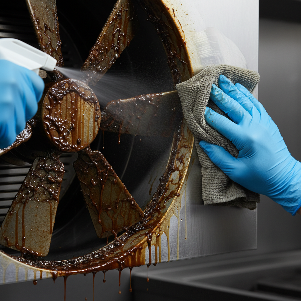 Close-up extractor fan cleaning with degreaser on blades during professional kitchen exhaust maintenance in Ontario