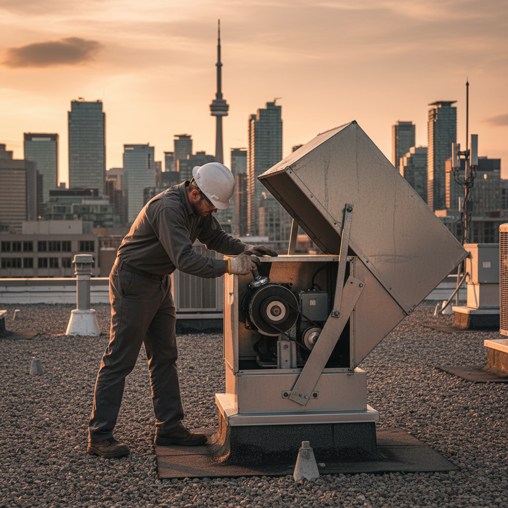Technician inspecting an upblast rooftop exhaust fan hinge kit and fan belt after extractor fan cleaning in Ontario