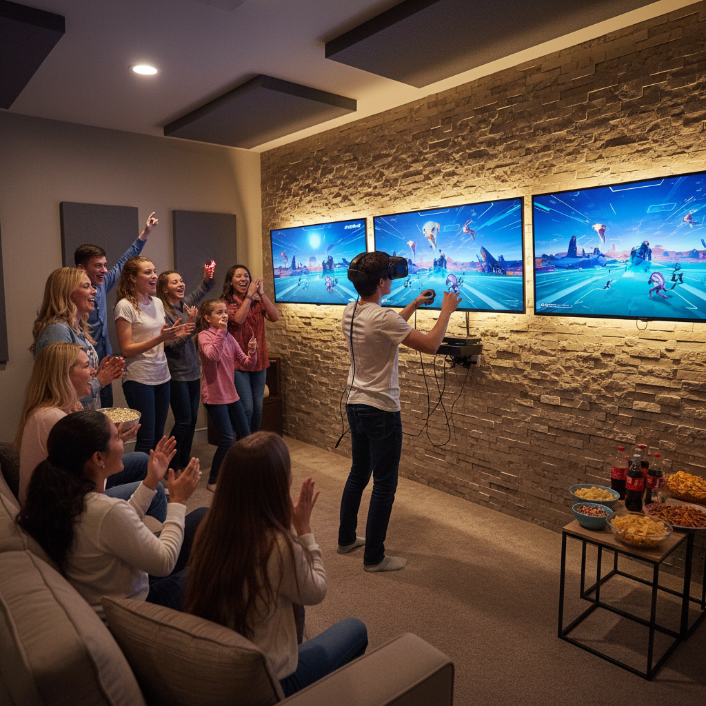 Private party room with large TVs showing VR gameplay at a virtual reality arcade in London Ontario