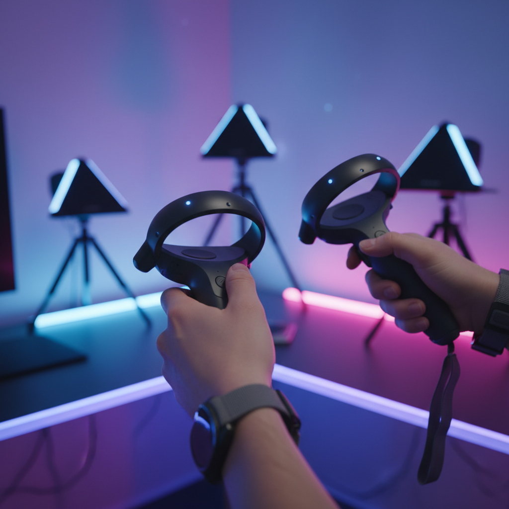 Close-up of VR motion controllers used at a virtual reality arcade party rental
