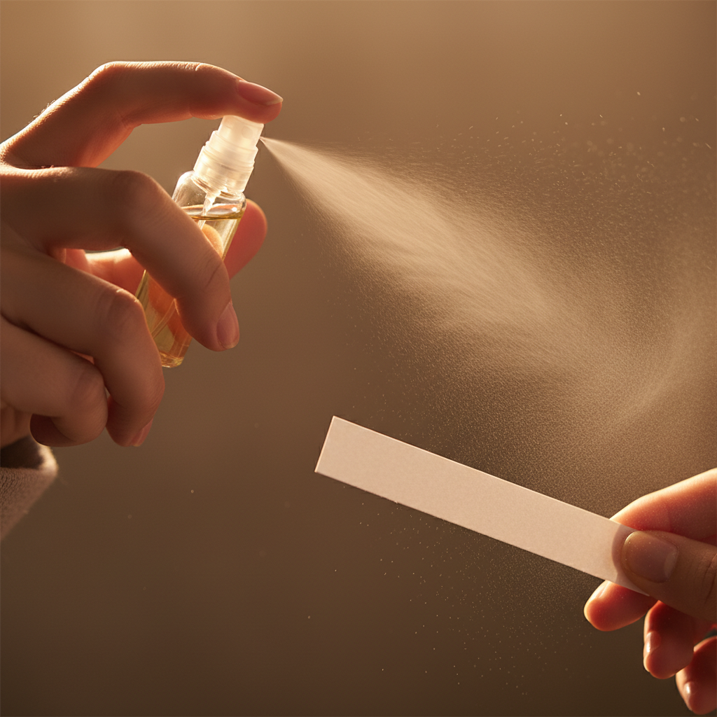 Close-up of a person spraying a perfume tester set sample onto a blotter strip to evaluate top notes and projection