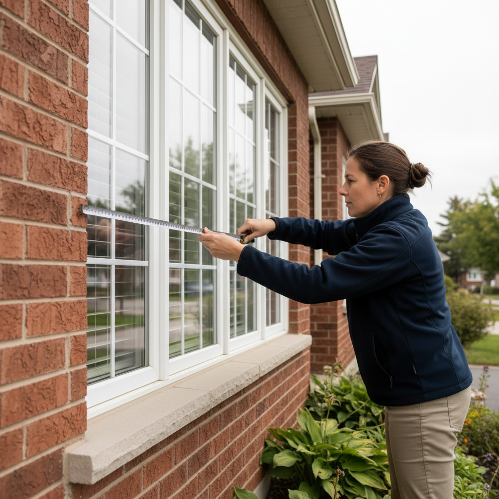 Real estate agent in Brampton measuring a window frame as part of a pre-listing property evaluation and homeowner report
