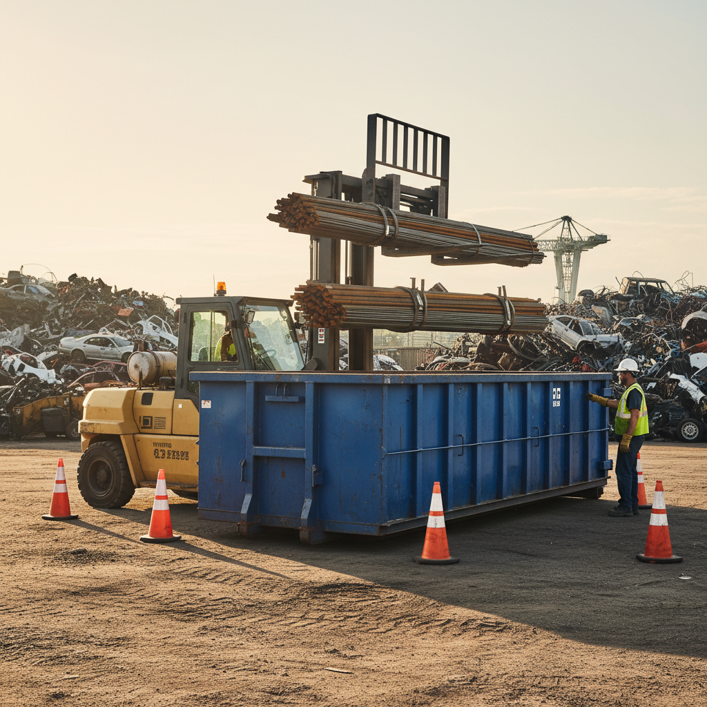 Forklift loading bundled steel into a roll-off bin, illustrating best practices to improve steel scrap value at an Etobicoke yard