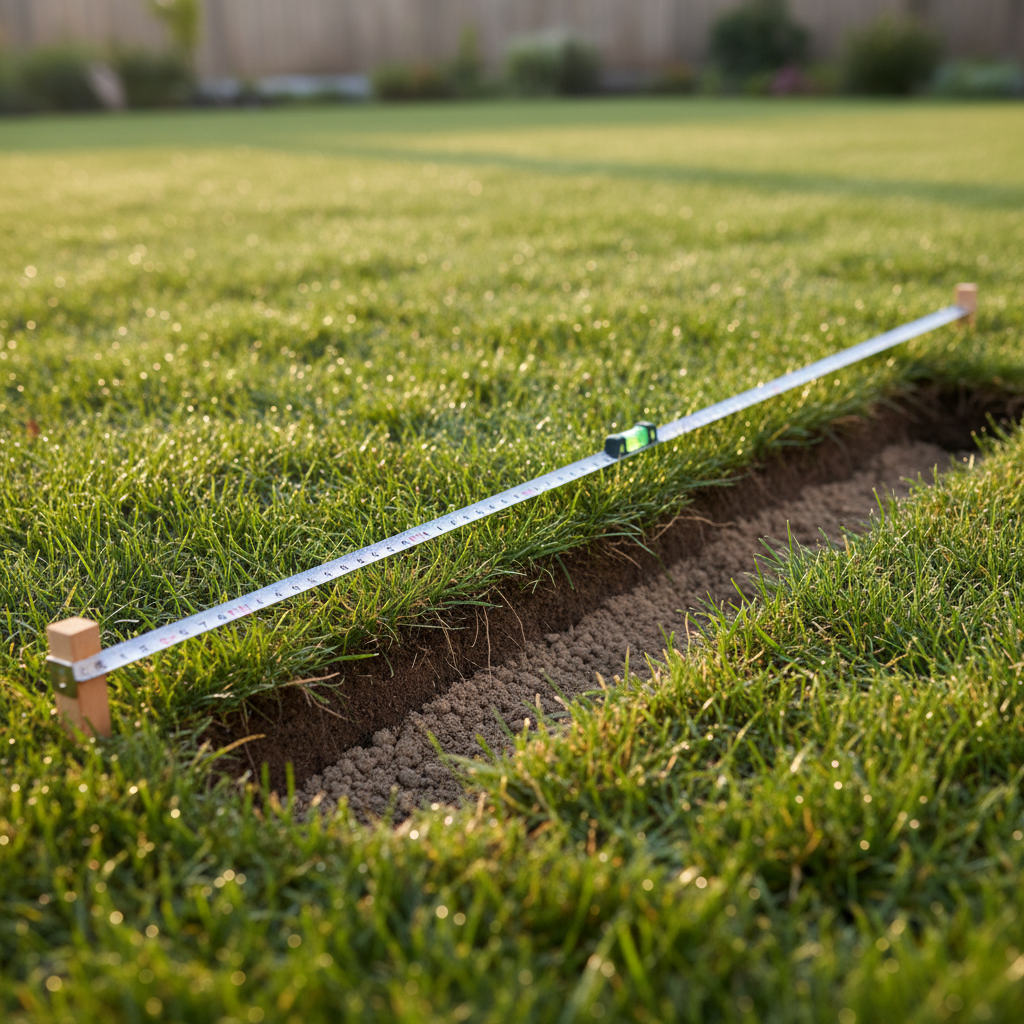 Close-up of string line level checking lawn grading slope and soil layers for drainage issues in Mississauga