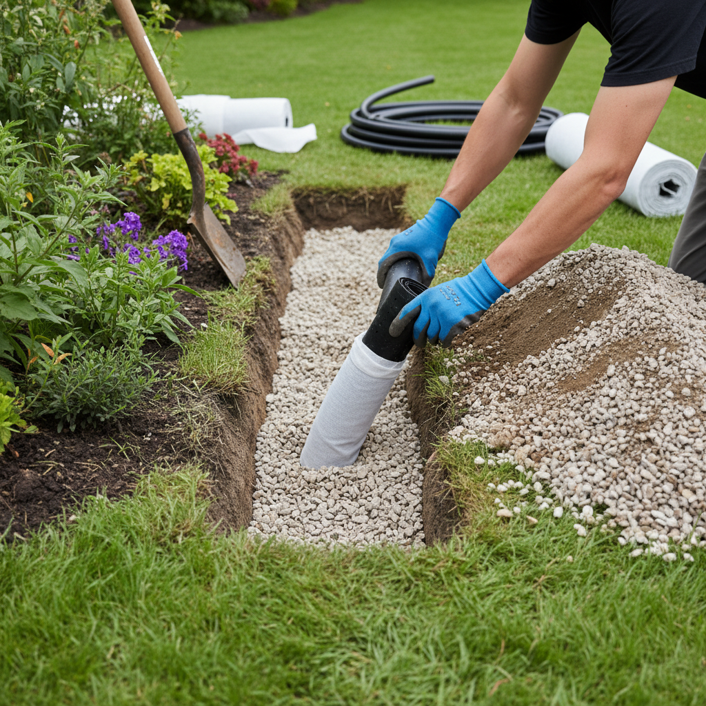 French drain trench with perforated pipe and gravel beside lawn to fix drainage and grading issues