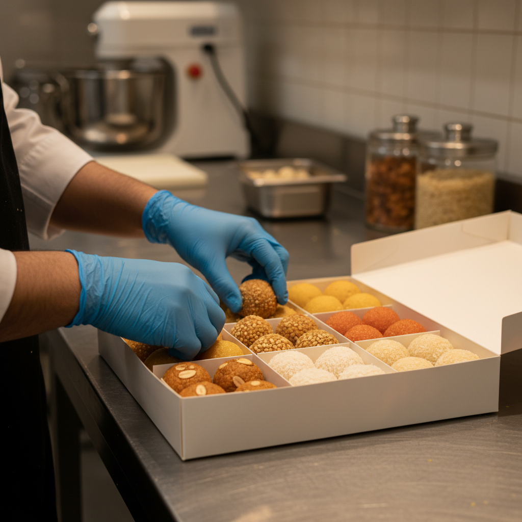 Halwai hands packing assorted ladoos including groundnut ladoo into a modern gift box, ready for Brampton celebrations