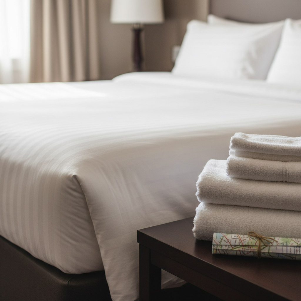 Neatly made renovated motel room with crisp linens and towels, ideal for a cheap hotel room stay in North Conway