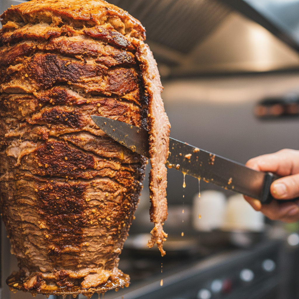 Close-up of juicy shawarma carved from a vertical rotisserie, highlighting crispy edges and spice for the best shawarma in Toronto