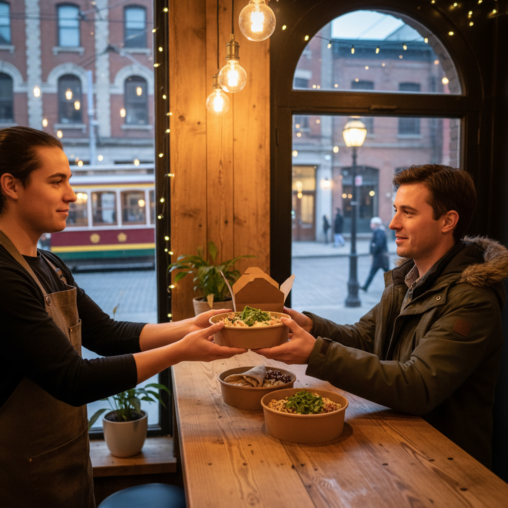 Shawarma takeout handoff in Old Toronto, eco-friendly containers with wraps and bowls ready for pickup and delivery