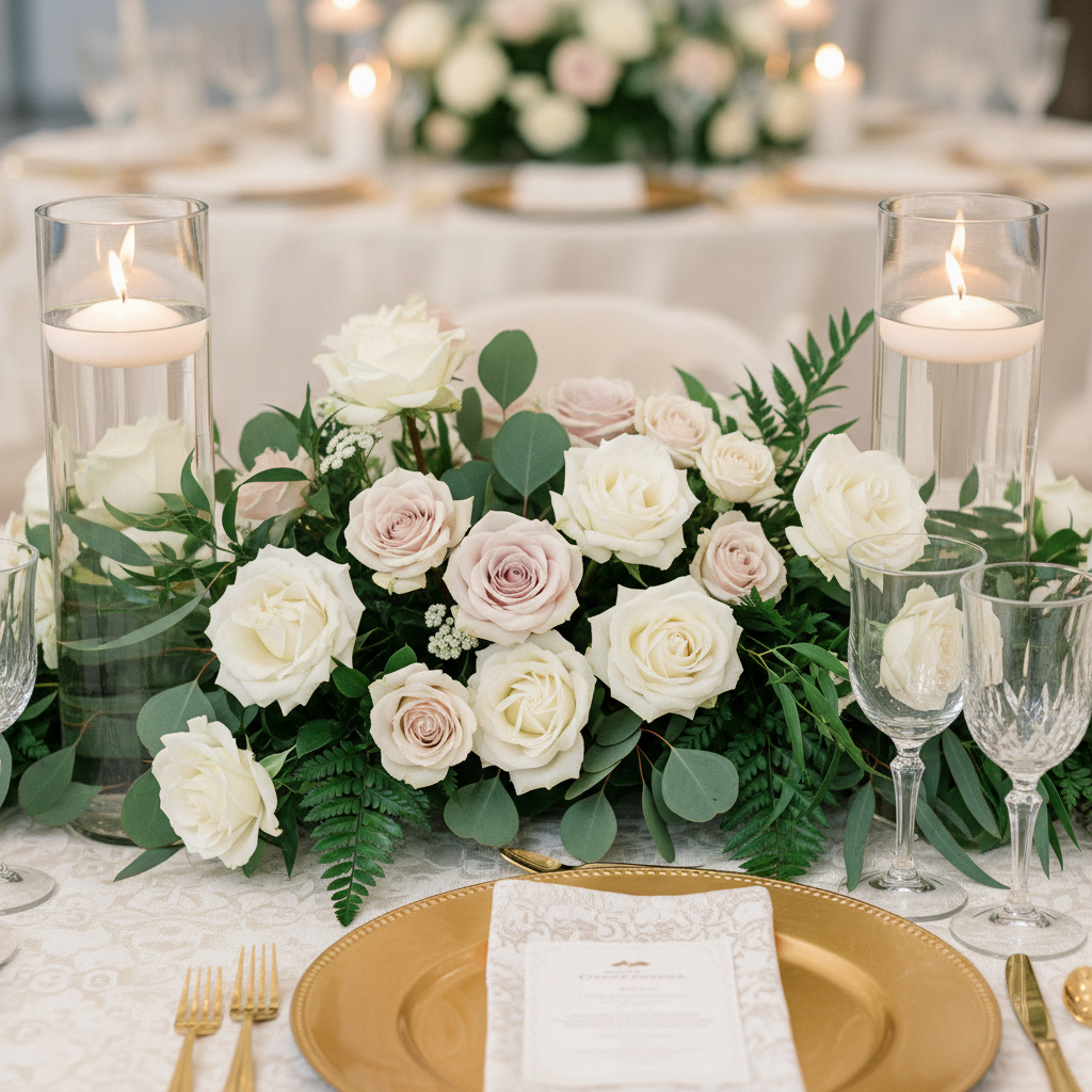 Close-up wedding tablescape centerpiece with roses, floating candles, and gold chargers styled by a wedding event organizer