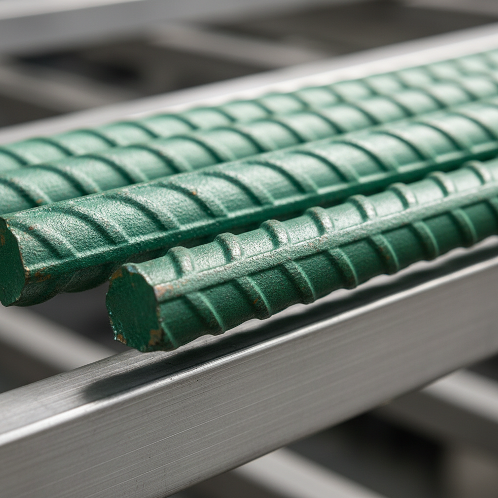 Epoxy-coated rebar close-up showing green corrosion-resistant coating and rib pattern used by rebar wholesalers in Ontario