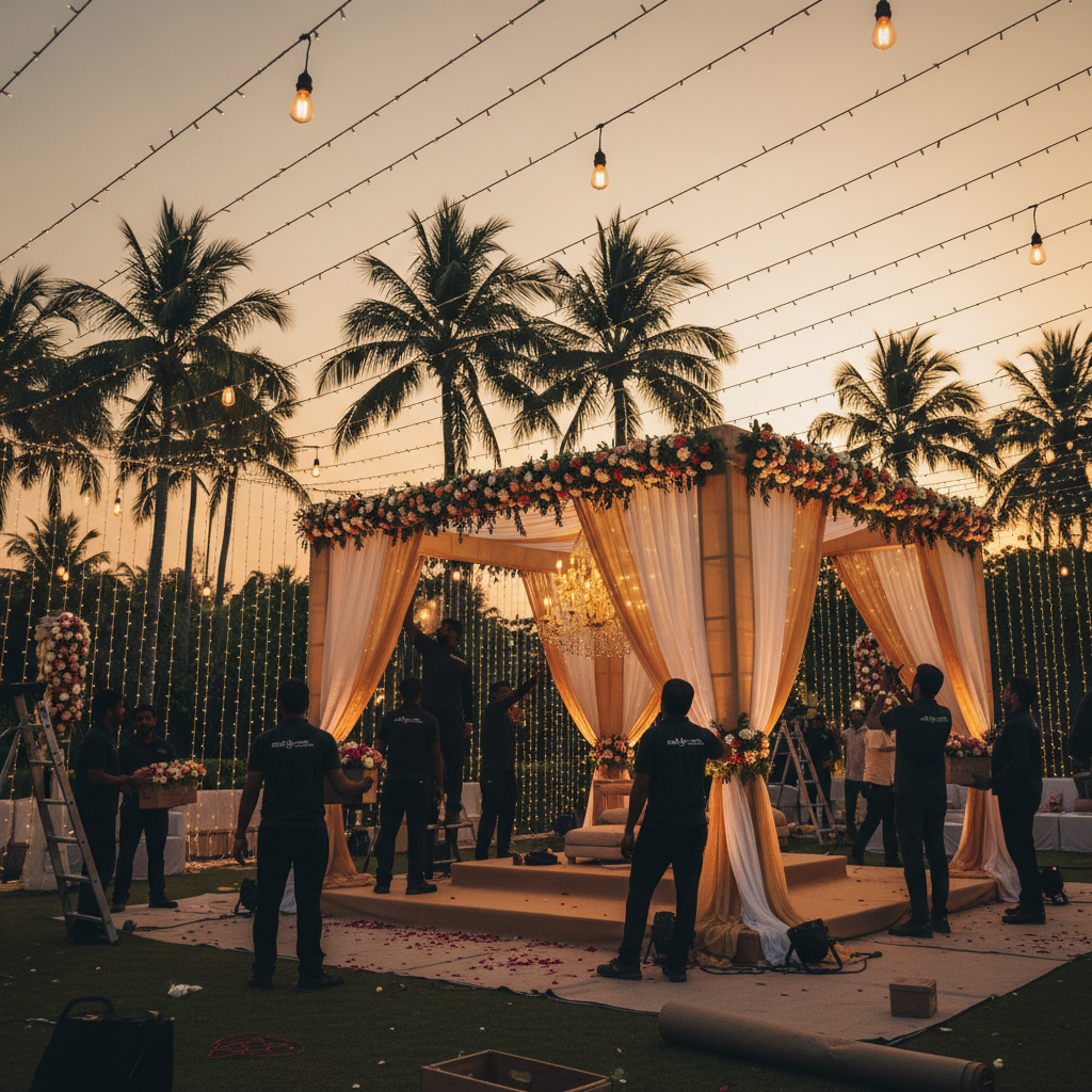 Outdoor mandap setup at golden hour with event crew, illustrating destination wedding planning workflow