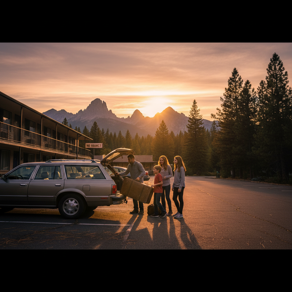 Family loading luggage at a North Conway motel parking area at sunset, illustrating easy parking next to rooms for budget travel