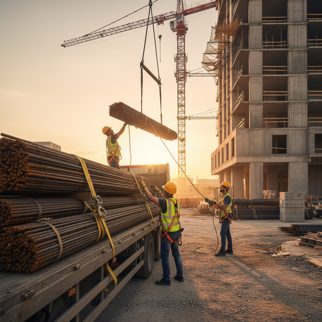 Flatbed truck delivering bundled rebar to an urban Ontario jobsite, sequenced for pours by a rebar wholesaler