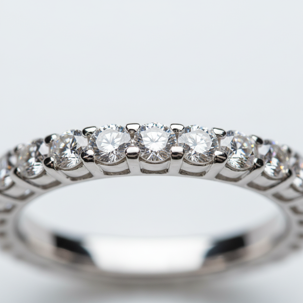 Macro view of lab-grown diamond eternity ring showing micro-pavé detail and brilliant facets for anniversary jewelry gifts