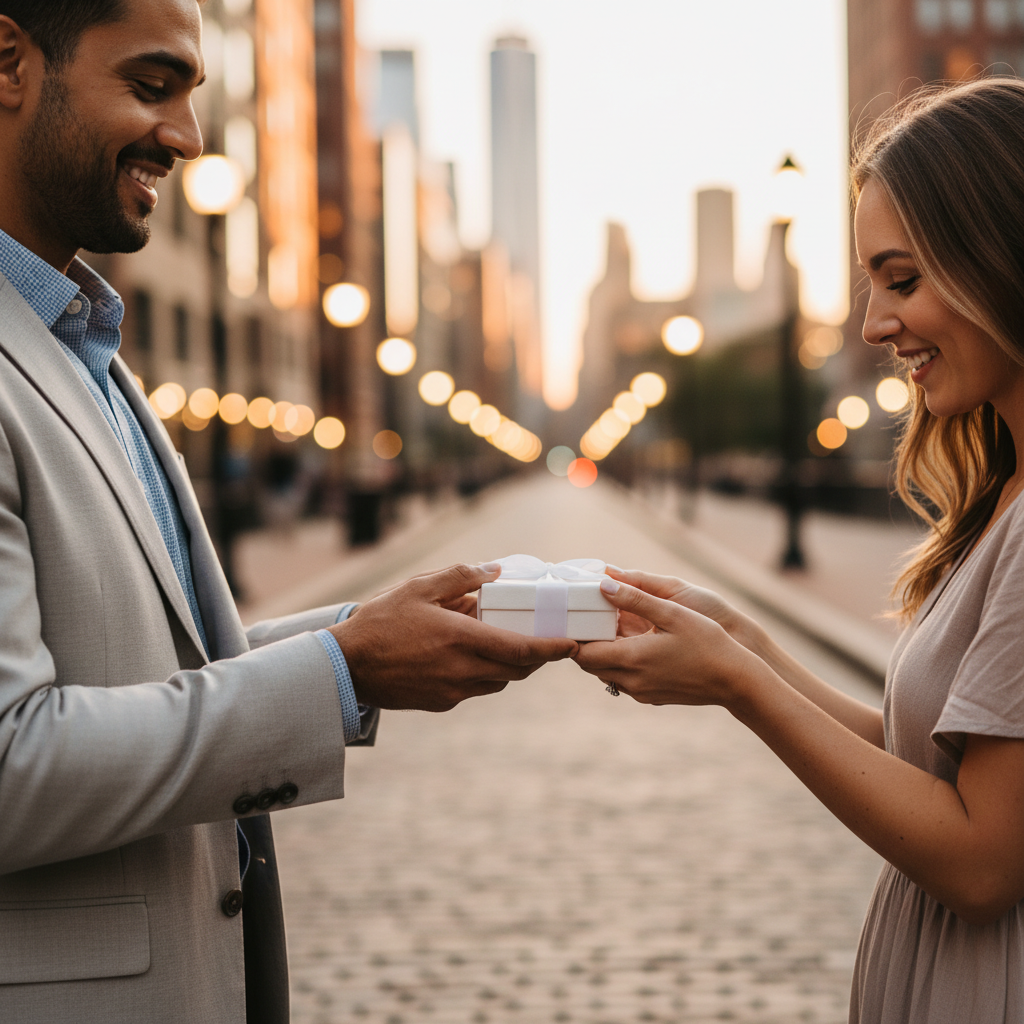 Lifestyle moment in Manhattan with a couple exchanging a jewelry box at golden hour, celebrating an anniversary gift