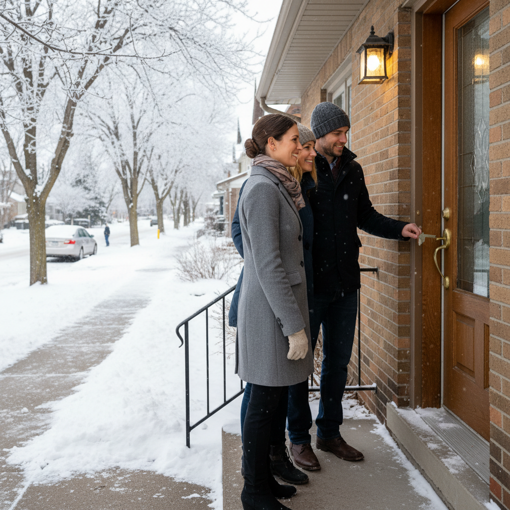 Real estate agent unlocking a front door for clients during an Edmonton winter showing, highlighting seasonal local considerations