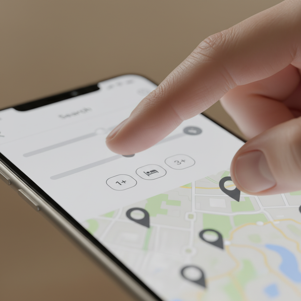 Close-up of smartphone real estate filters adjusted for featured homes online search