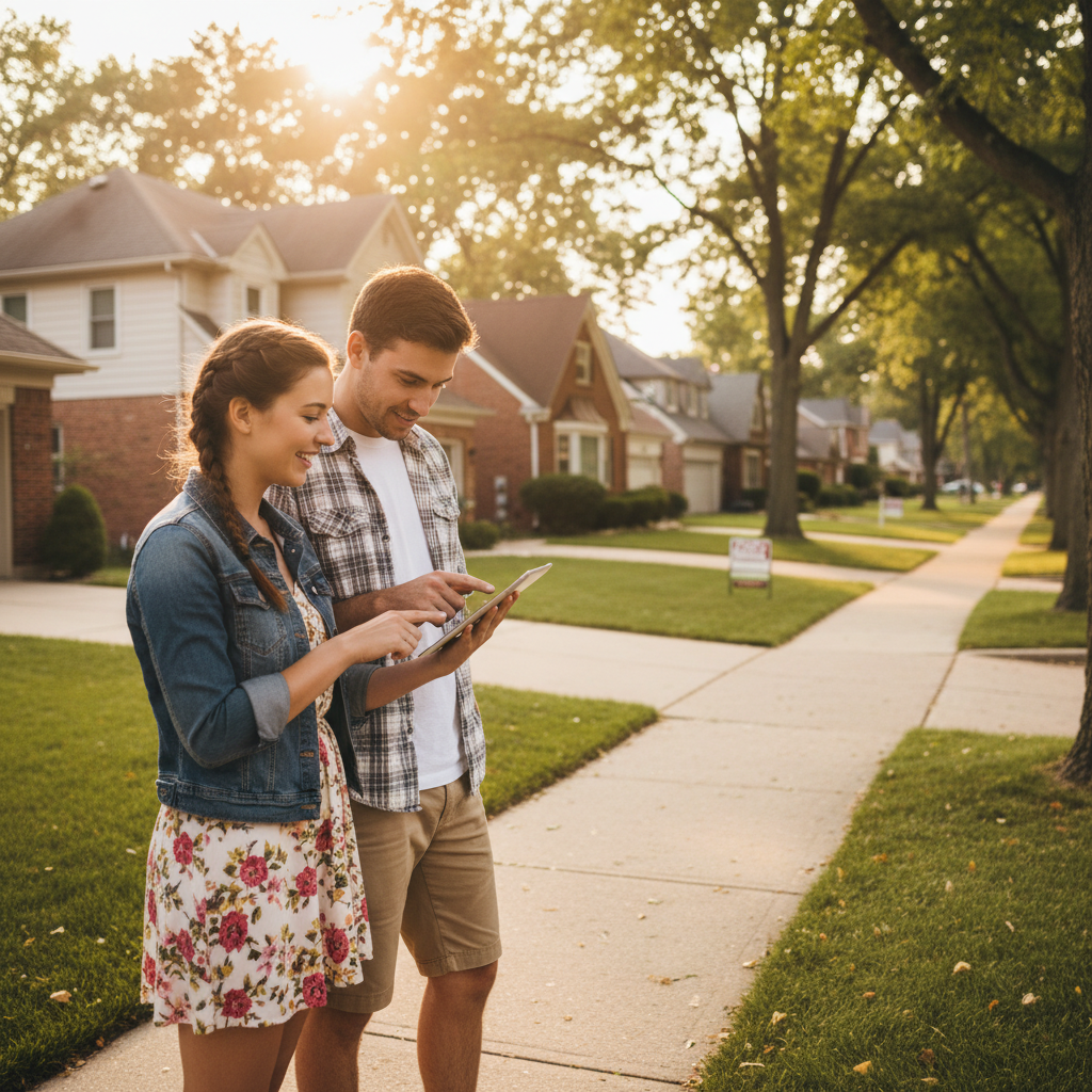 Couple reviewing Brampton featured homes online while standing on a suburban sidewalk at golden hour