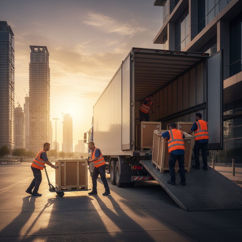 Corporate moving truck at a Dubai office loading bay with crew loading crates at sunset