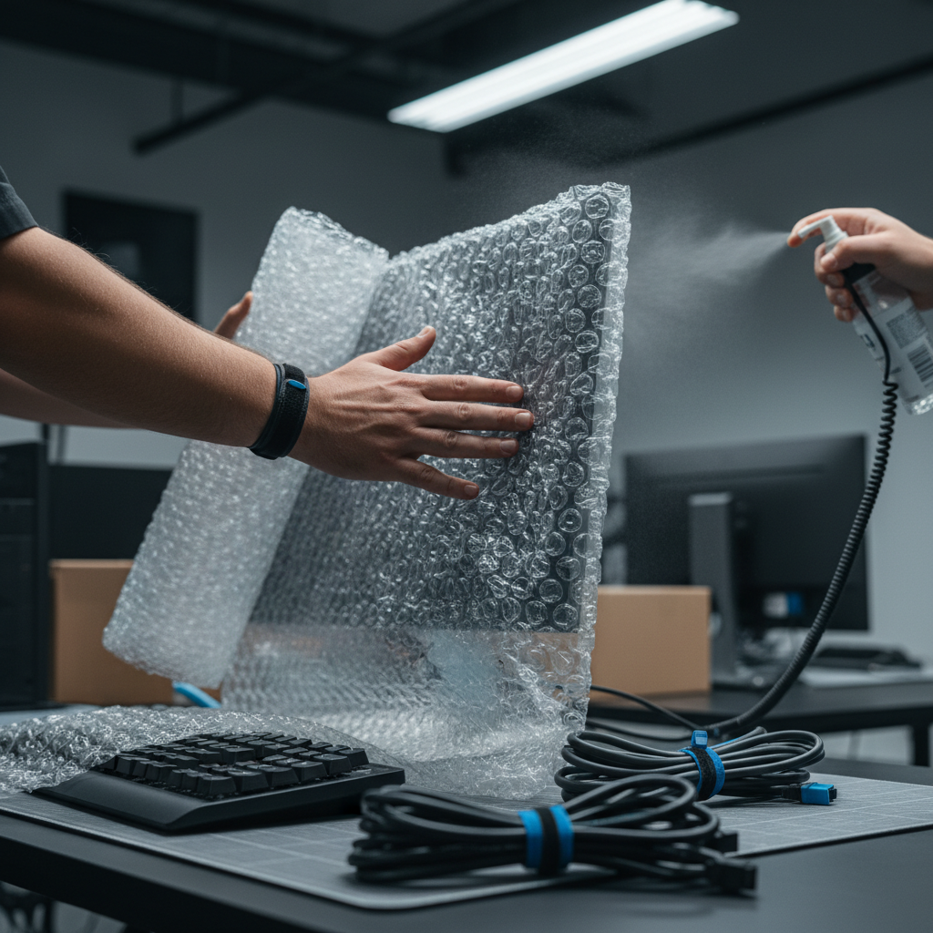 Close-up of IT packing during a corporate office move in Dubai—monitor and cables wrapped and labeled by professional movers