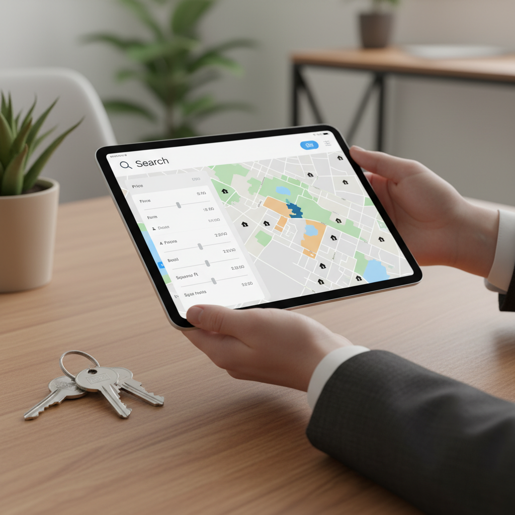 Close-up of a residential agent’s hands with a tablet showing property search filters and a neighborhood map beside house keys, illustrating data-driven home search