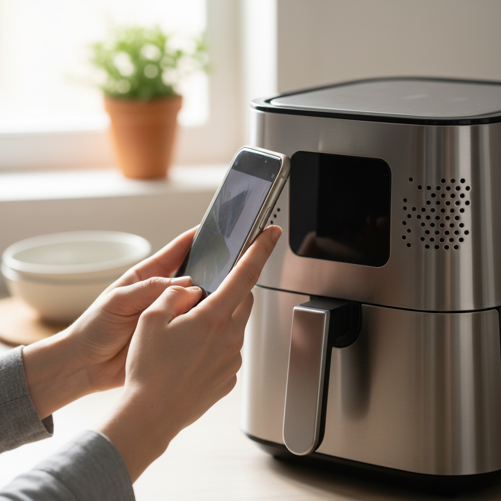 Close-up of photographing a kitchen appliance for a Canada free classifieds listing on a phone, showcasing detail and clarity