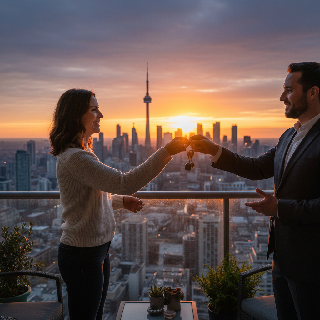 New homeowner receiving keys on a condo balcony with Toronto skyline at sunset, symbolizing a successful closing guided by a residential real estate agent