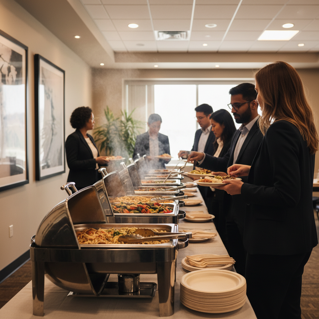 Buffet-style corporate catering setup with chafing dishes at a Toronto conference room