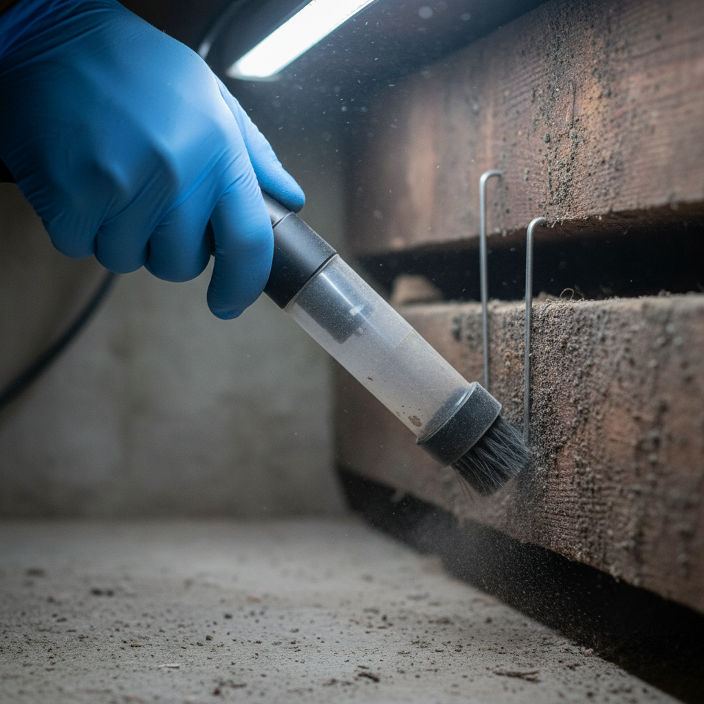Close-up HEPA vacuum removing crawl space mold from wooden joist during remediation, showing detail cleaning and moisture meter for crawl space mold remediation