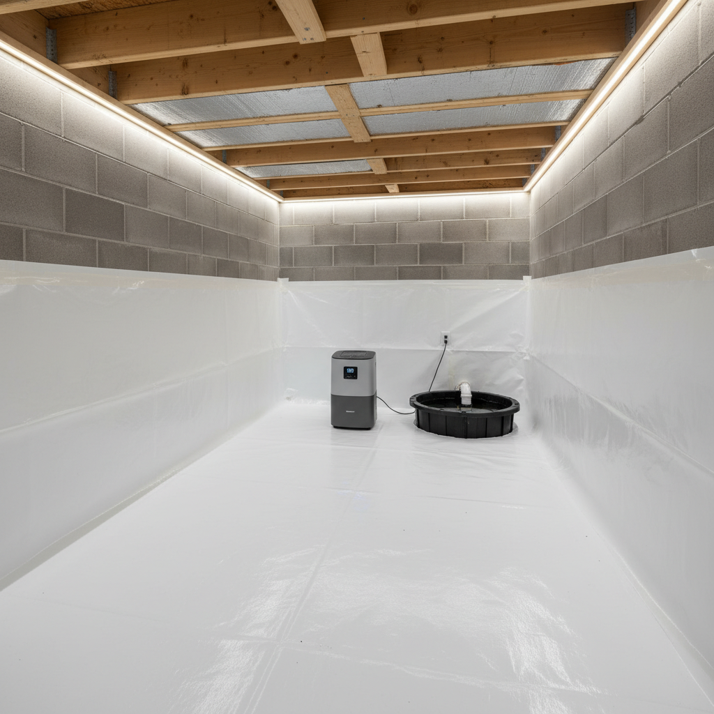 Completed crawl space encapsulation with white vapor barrier, dehumidifier, and sump system, showing long-term crawl space mold prevention