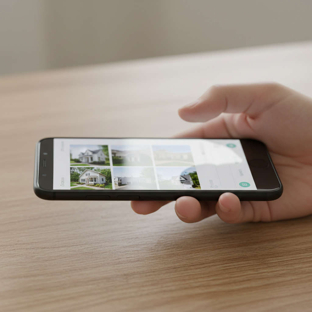 Close-up of a smartphone browsing a real estate app with property gallery thumbnails, illustrating how Canadians search homes on mobile