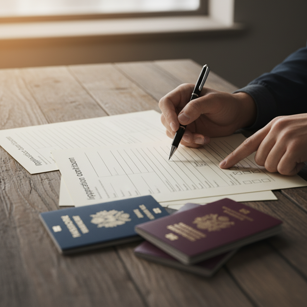 Close-up of hands reviewing immigration application forms, passports, and a checklist for a Toronto immigration law lawyer file