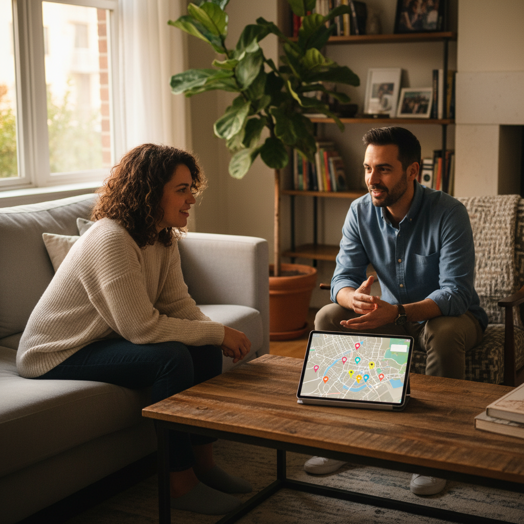 Two people discussing a property with a tablet map on a coffee table, representing in-person showings coordinated through a real estate app