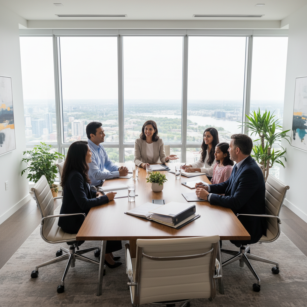 Immigration law lawyer meeting a diverse family in a modern Etobicoke Toronto office, wide perspective