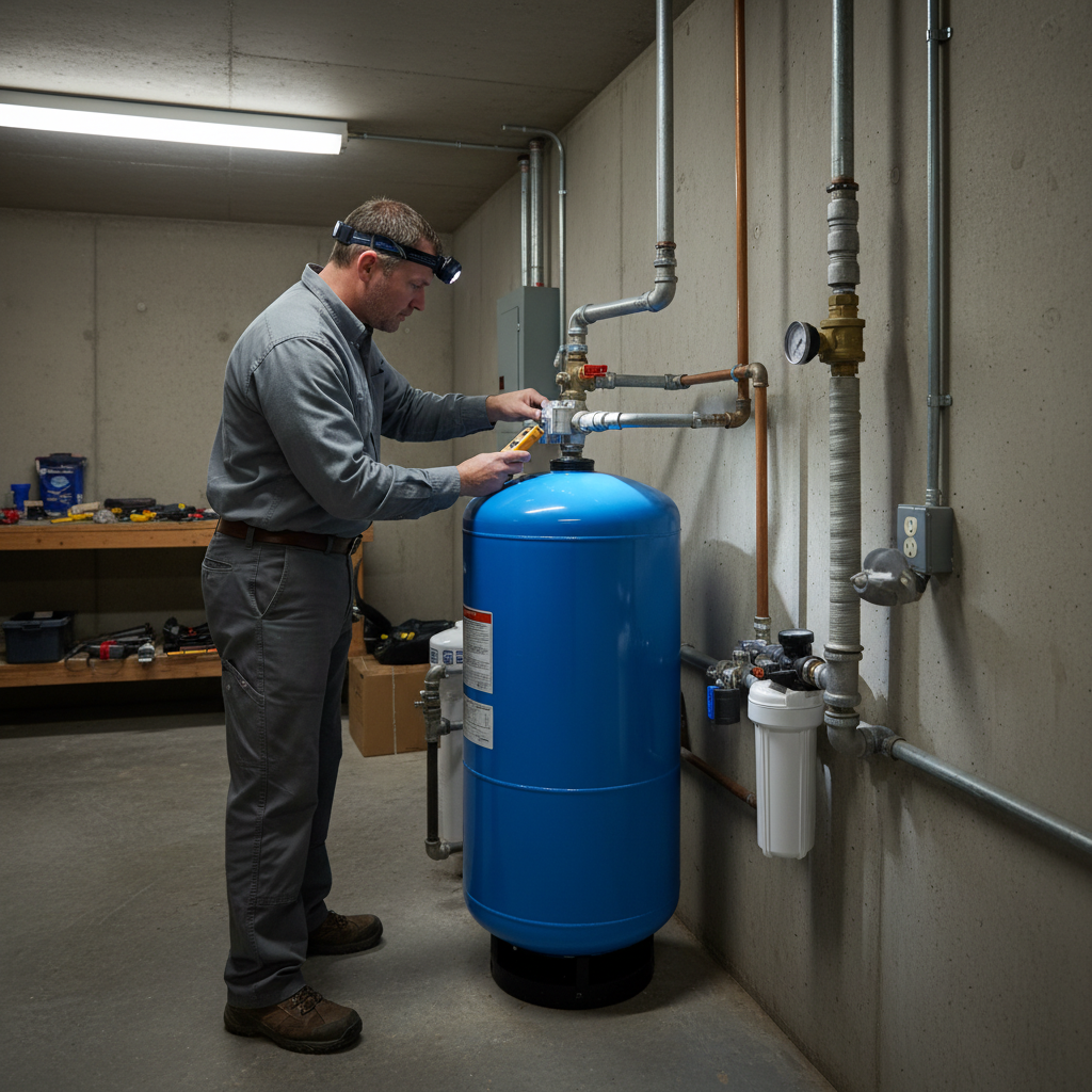 Inspector checking a blue pressure tank and pressure switch during a well inspection inside a utility room