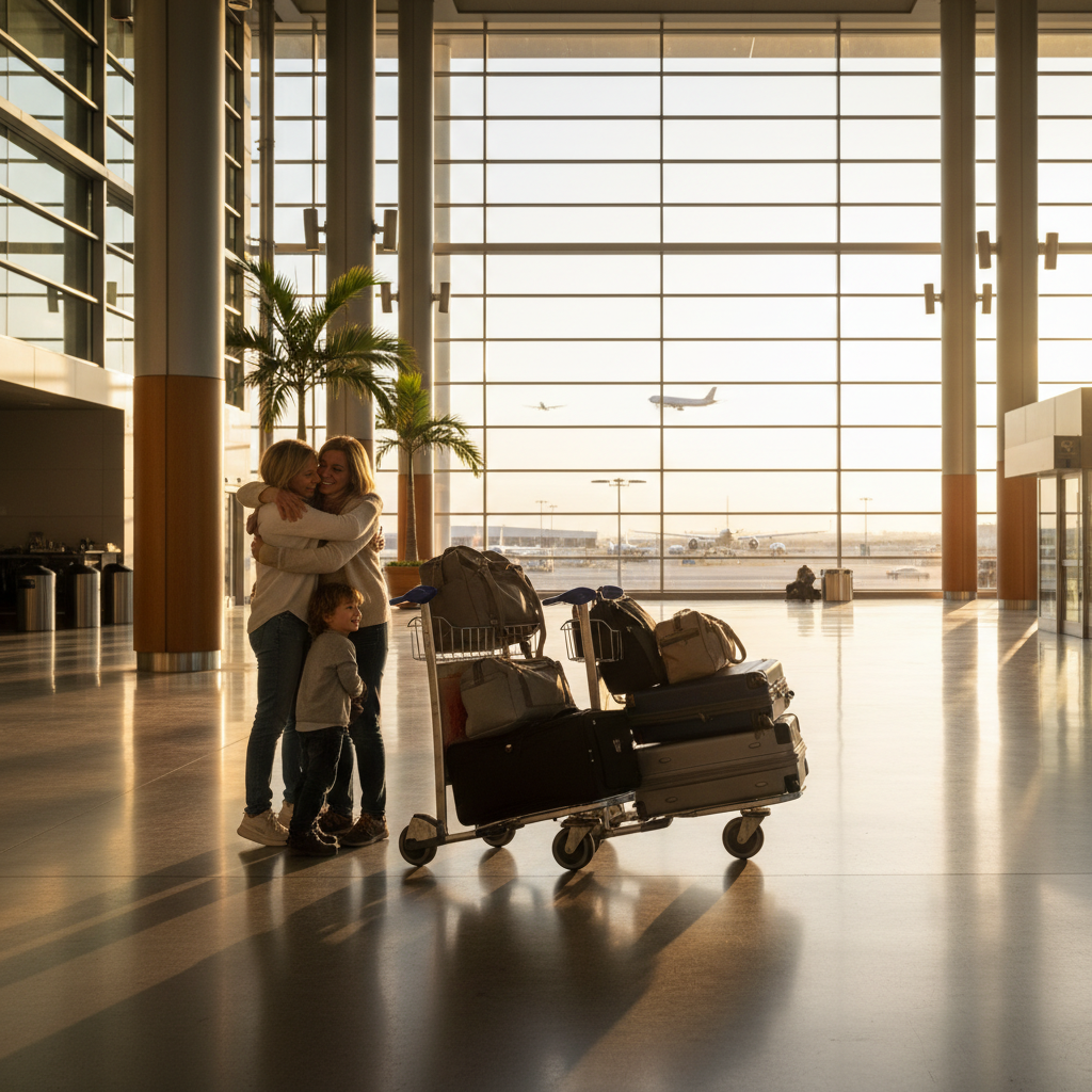 Family arriving in an airport arrivals hall, symbolizing successful immigration supported by a Toronto immigration law lawyer