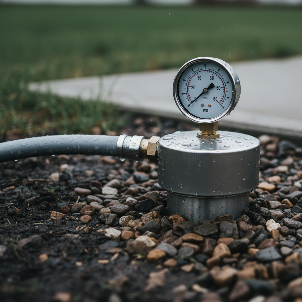 Close-up of modern well cap, pressure gauge, and conduit during a well inspection