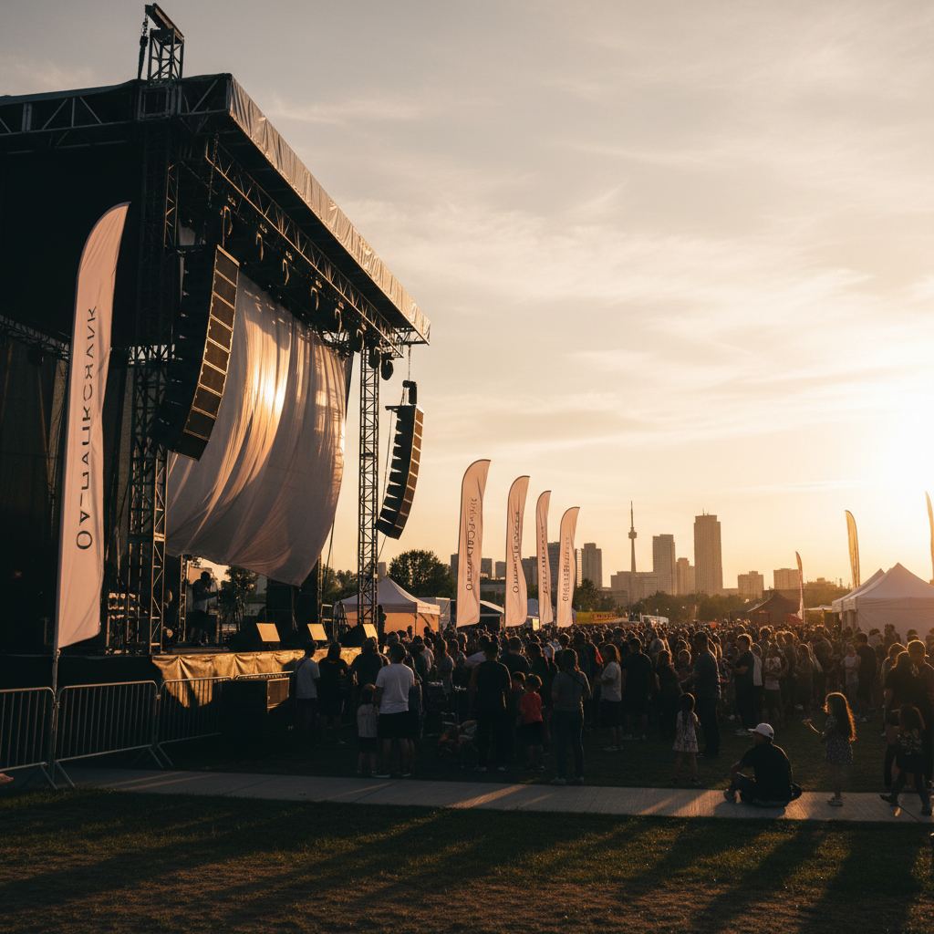 Outdoor community event in Mississauga with blank stage backdrop, flags, and crowd silhouettes demonstrating large-format applications