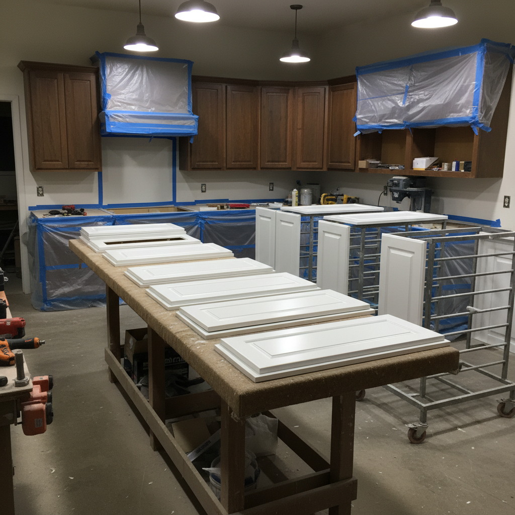 Cabinet Remodel: Avoid Costly Mistakes in 2026 2 Cabinet refacing in progress with new white shaker doors and drawer fronts laid out, illustrating refacing method in a cabinet remodel