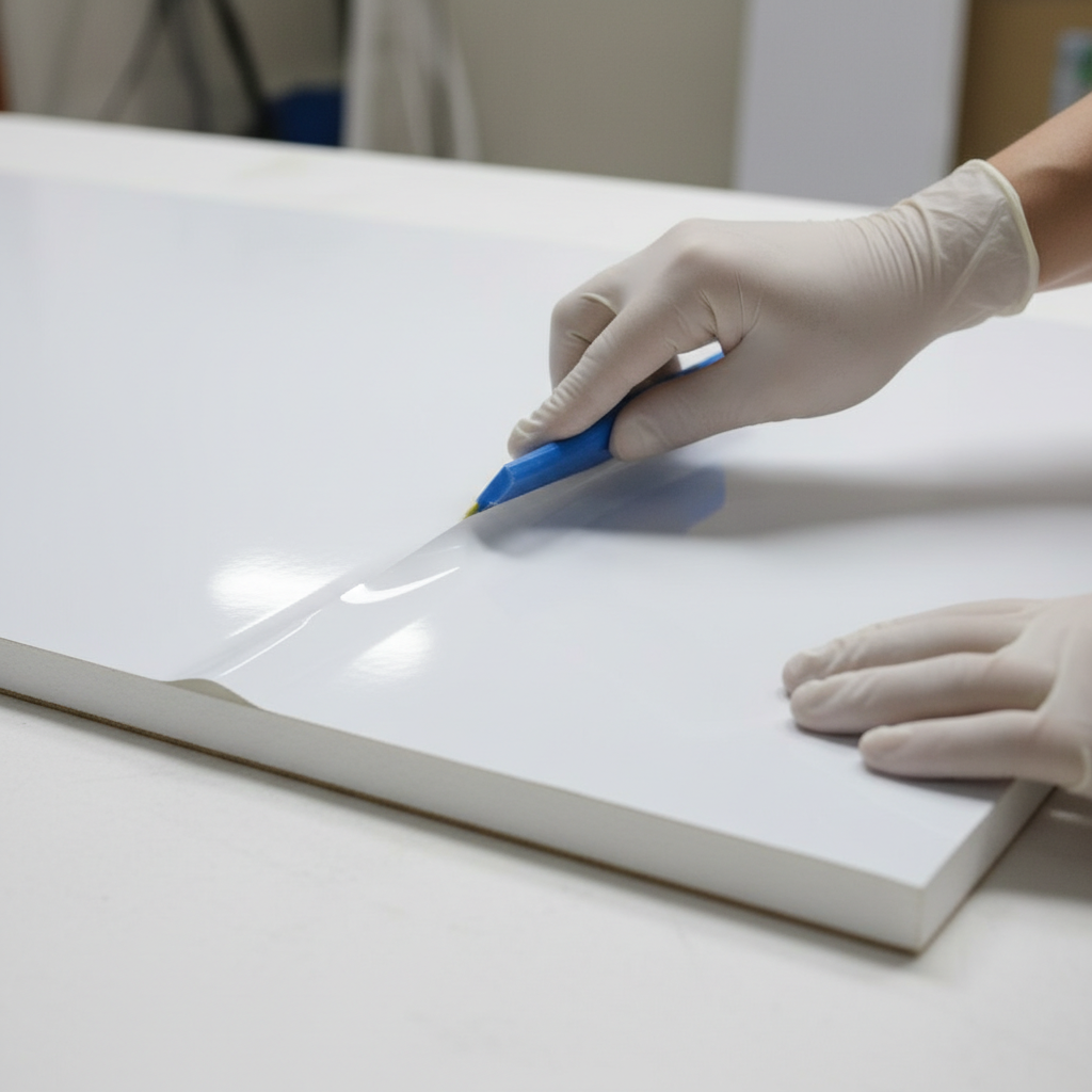 Close-up of large-format printing detail: technician applying vinyl to a foam board panel for Mississauga event signage