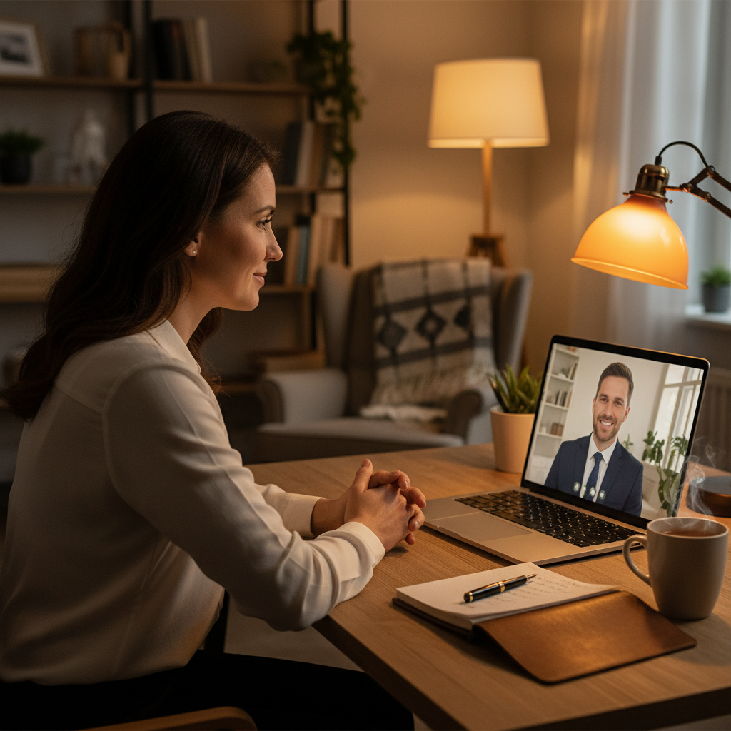 Homeowner on a video call with a mortgage broker while completing an online mortgage application, warm evening light in a cozy home office