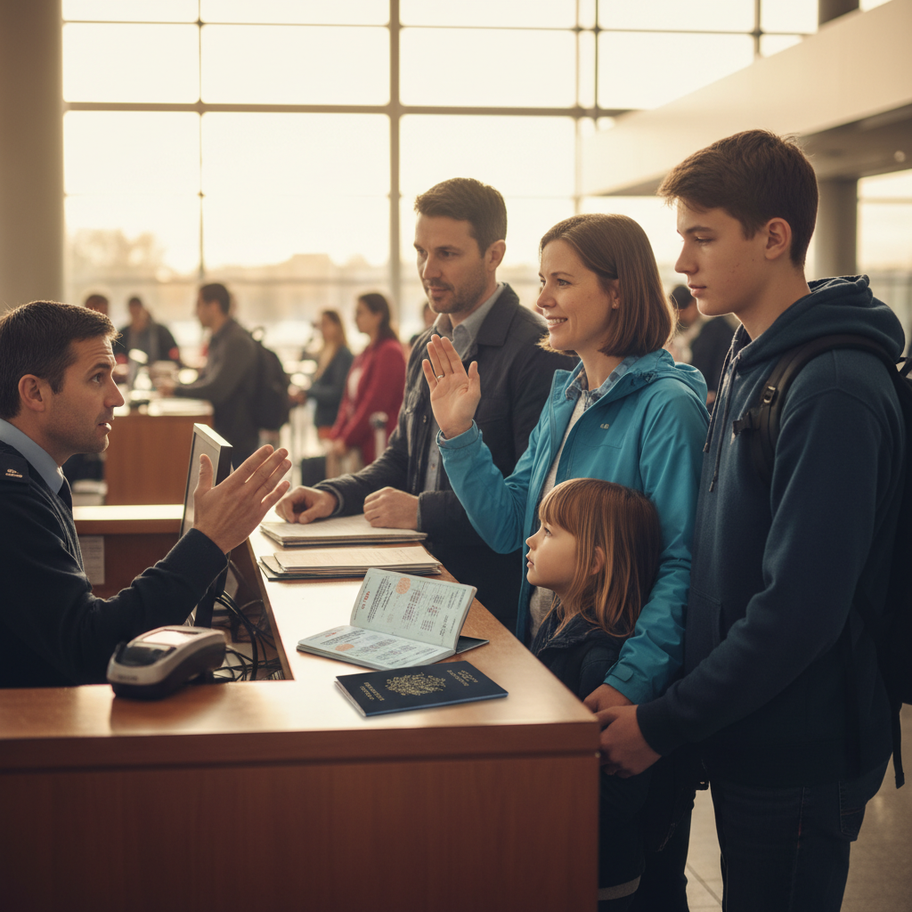 Family meeting a border services officer in Canada, passports open, illustrating smooth entry after a successful Visitor Visa Canada application